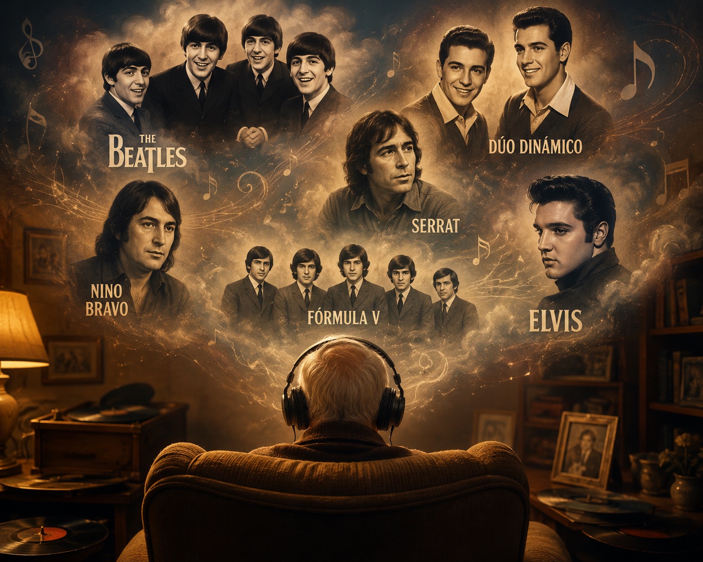 Anciano escuchando música mientras revive recuerdos de The Beatles, Dúo Dinámico, Nino Bravo, Serrat, Elvis y Fórmula V. La música como memoria emocional.