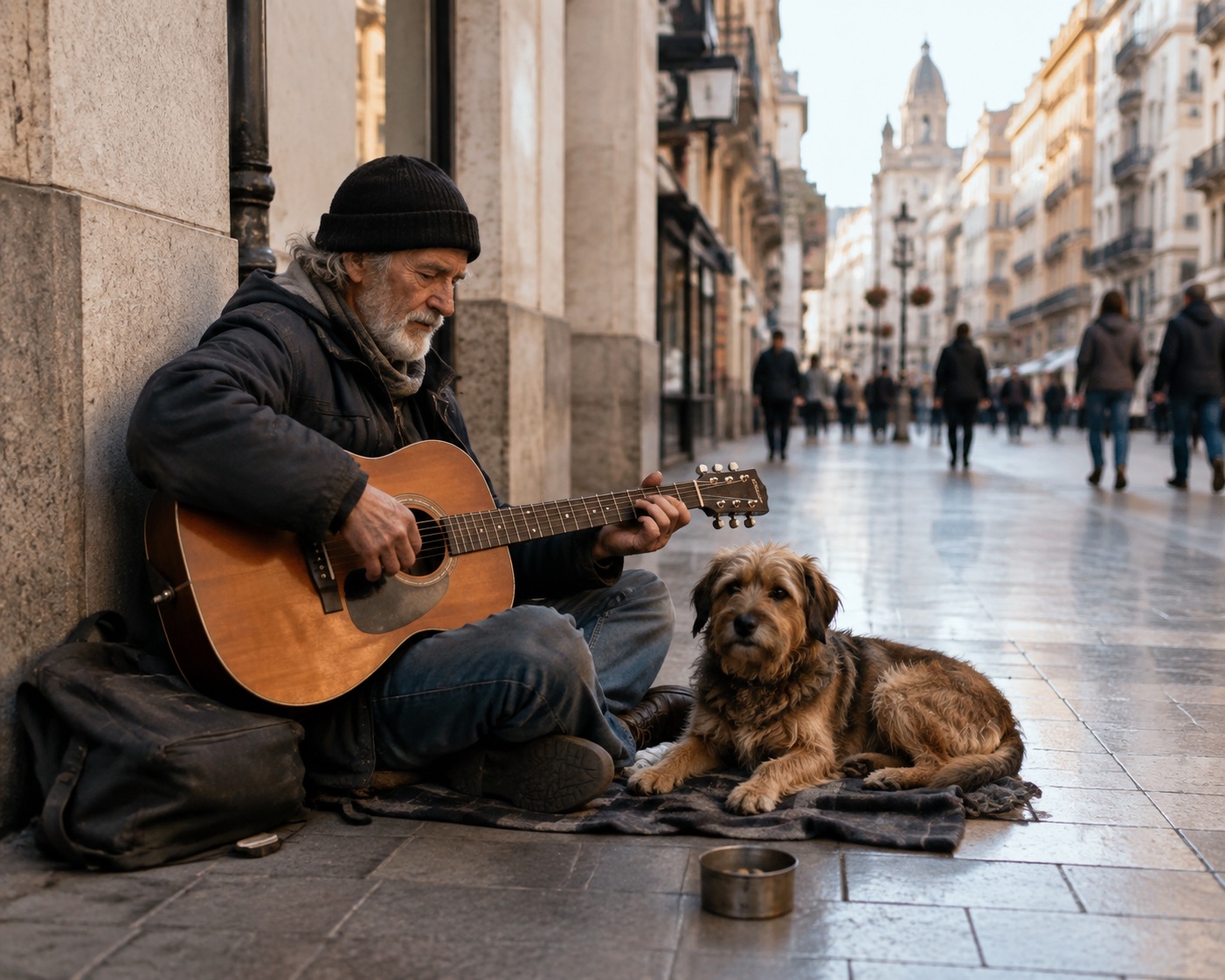 Músico pionero del rock de Murcia con su guitarra en la calle